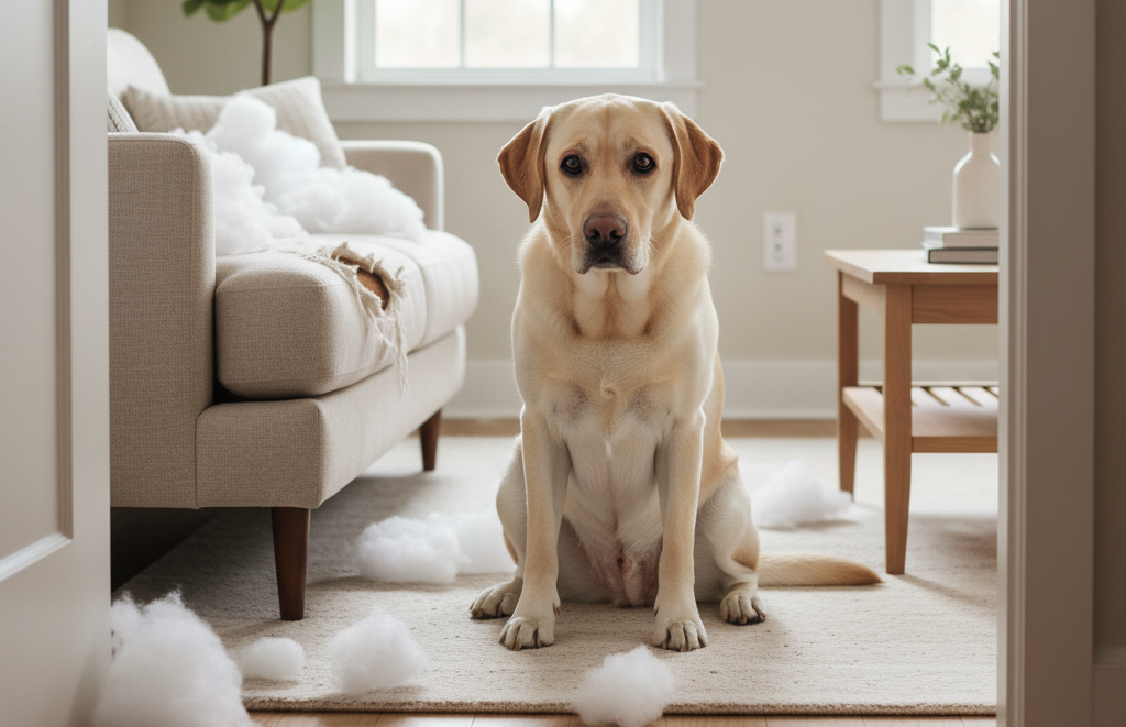 A guilty-looking Labrador sits amidst torn white pillow stuffing on the floor next to a destroyed sofa cushion in a modern living room, capturing an "oops" moment rather than malice.
