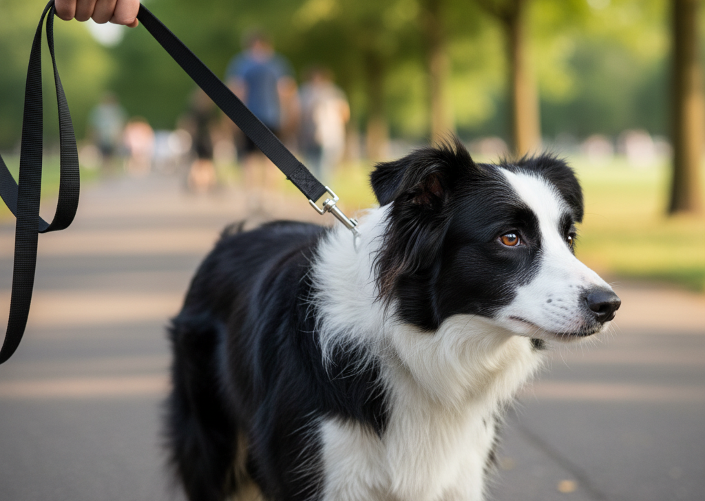 A person's hand firmly holds a leash attached to a tense Border Collie, whose eyes are fixed off-frame with ears slightly back, illustrating the challenge of walking a reactive dog.